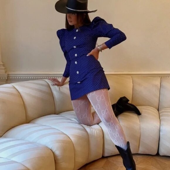 NWT DANIELLE BERNSTEIN Navy Long puff sleeves POLKA DOT DRESS Rhinestone buttons - Picture 3 of 10